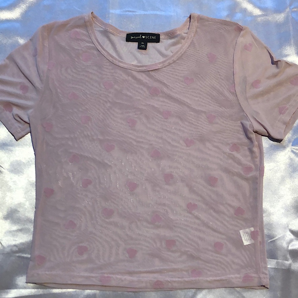 Social scene Sheer Purple Heart short sleeve top